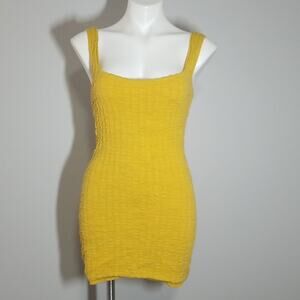 NWOT Free People Beach Mustard Yellow Smocked Mini Dress Back Buttons Size S